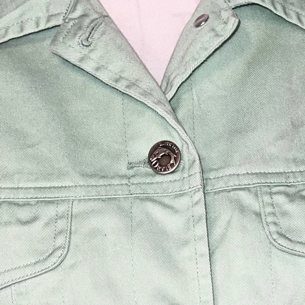 Orvis, S, vintage, pale green w/ floral lining logo button front collared jacket
